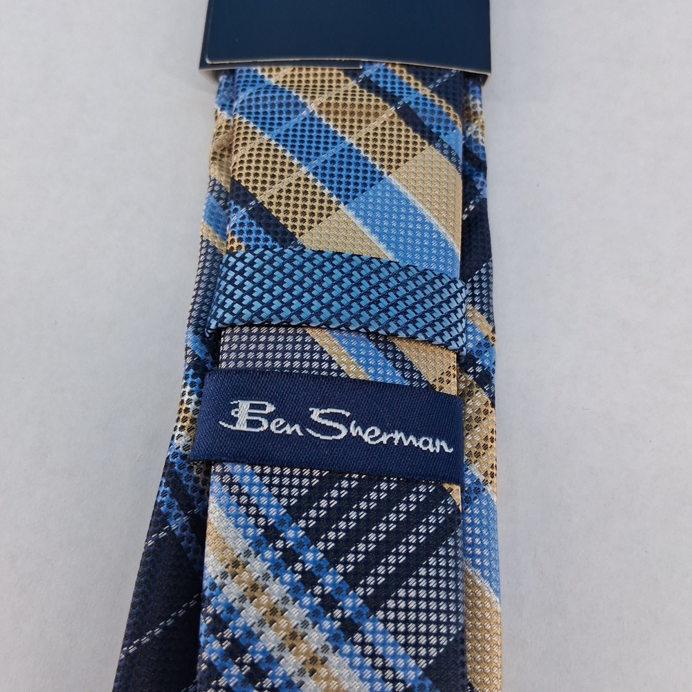 Ben Sherman Necktie Men OS Blue Tan Plaid Classic Woven Textured‎ Polyester Tie